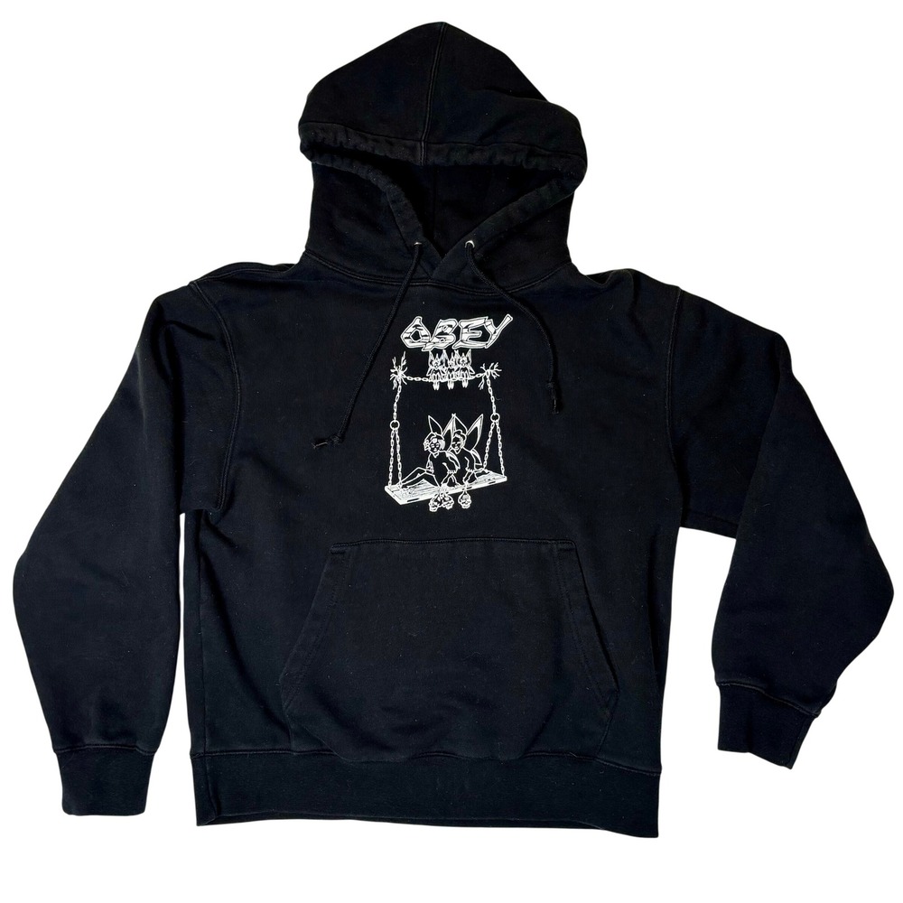 OBEY Worldwide Fairy Hoodie Mens Small‎ Black Graphic Pullover Streetwear Skater